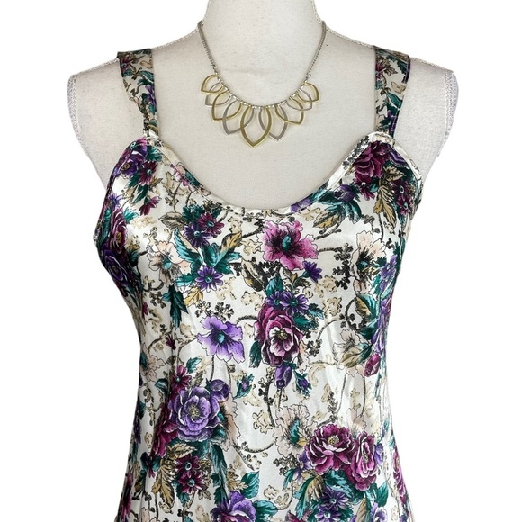 Vintage Addonna Purple Teal Floral Print Slip Rounded Neck Sits High On Thigh - Picture 2 of 7